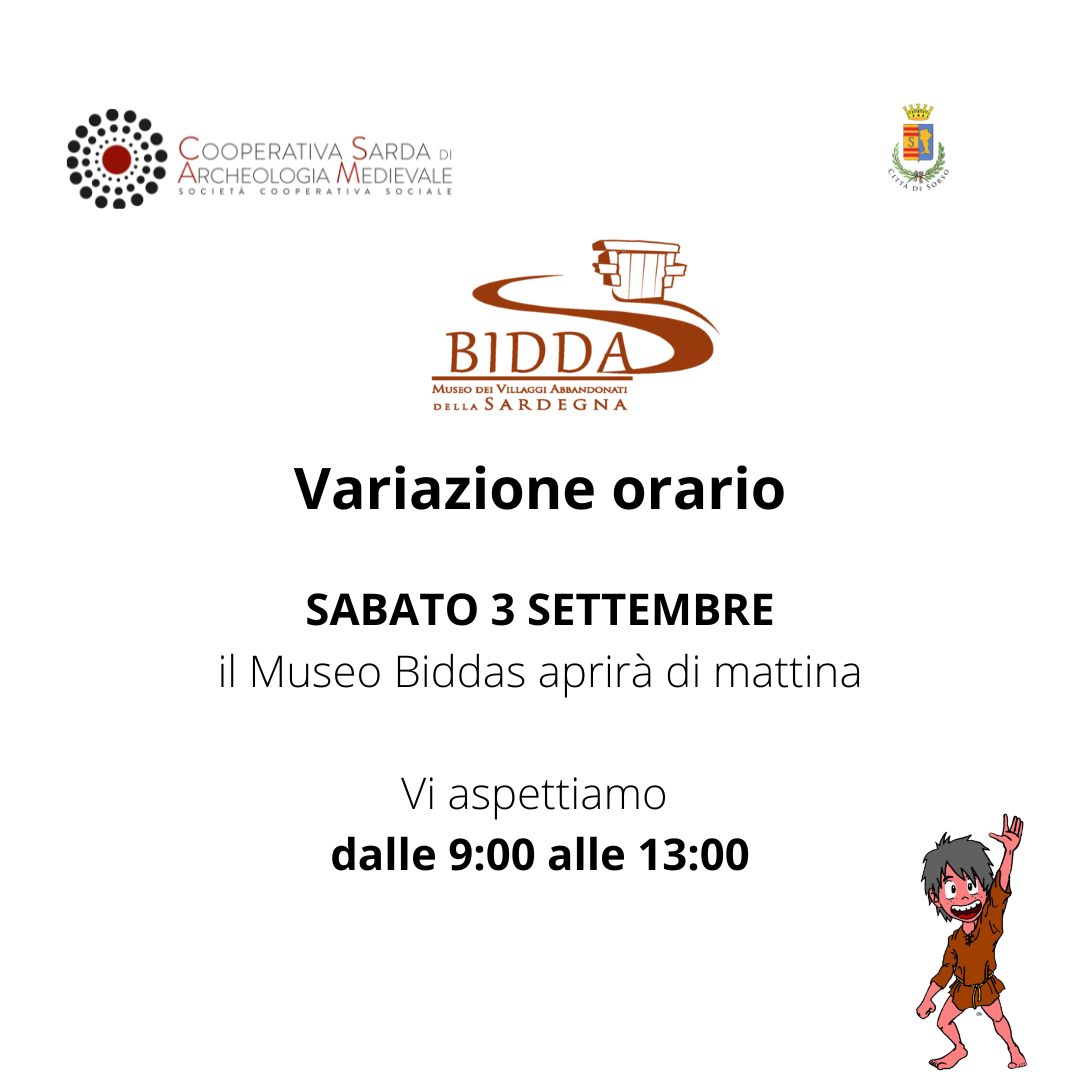 MuseoBiddas's tweet photo. 𝐕𝐚𝐫𝐢𝐚𝐳𝐢𝐨𝐧𝐞 𝐨𝐫𝐚𝐫𝐢𝐨 𝗠𝘂𝘀𝗲𝗼 𝗕𝗶𝗱𝗱𝗮𝘀
Sabato 𝟯 𝘀𝗲𝘁𝘁𝗲𝗺𝗯𝗿𝗲 il Museo aprirà la
mattina dalle 𝟵:𝟬𝟬 alle 𝟭𝟯:𝟬𝟬.
📍Palazzo Baronale
📞+39 0793391345
📧 biddas.museo@comune.sorso.ss.it 
#museo #museum  #sorso #comunedisorso #sardegna #estate  #summer https://t.co/eoyARDT988