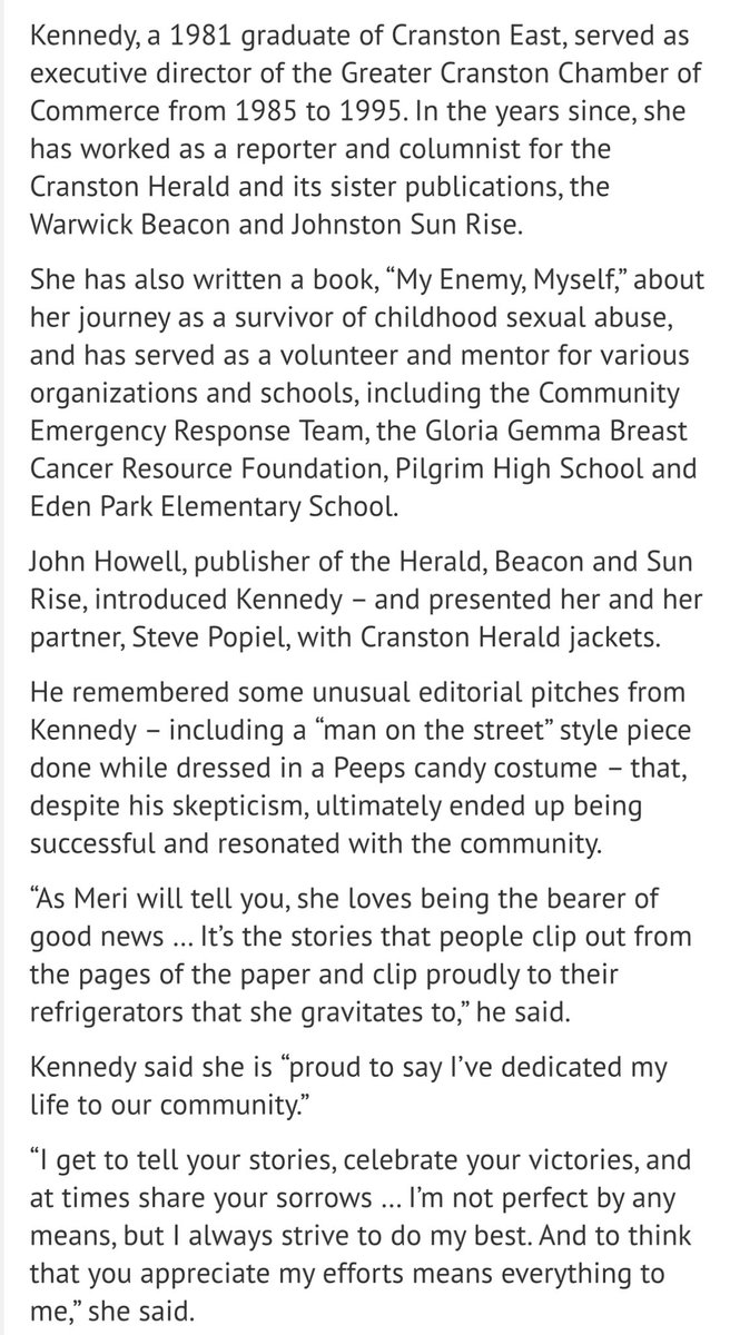 It was a pleasure to work with Meri Kennedy and an honor to cover her induction into the Cranston Hall of Fame back in 2019. I know that recognition meant a lot to her. My deepest condolences to Steve, Meri’s loved ones, and the Herald/Beacon family.

cranstononline.com/stories/cream-…?