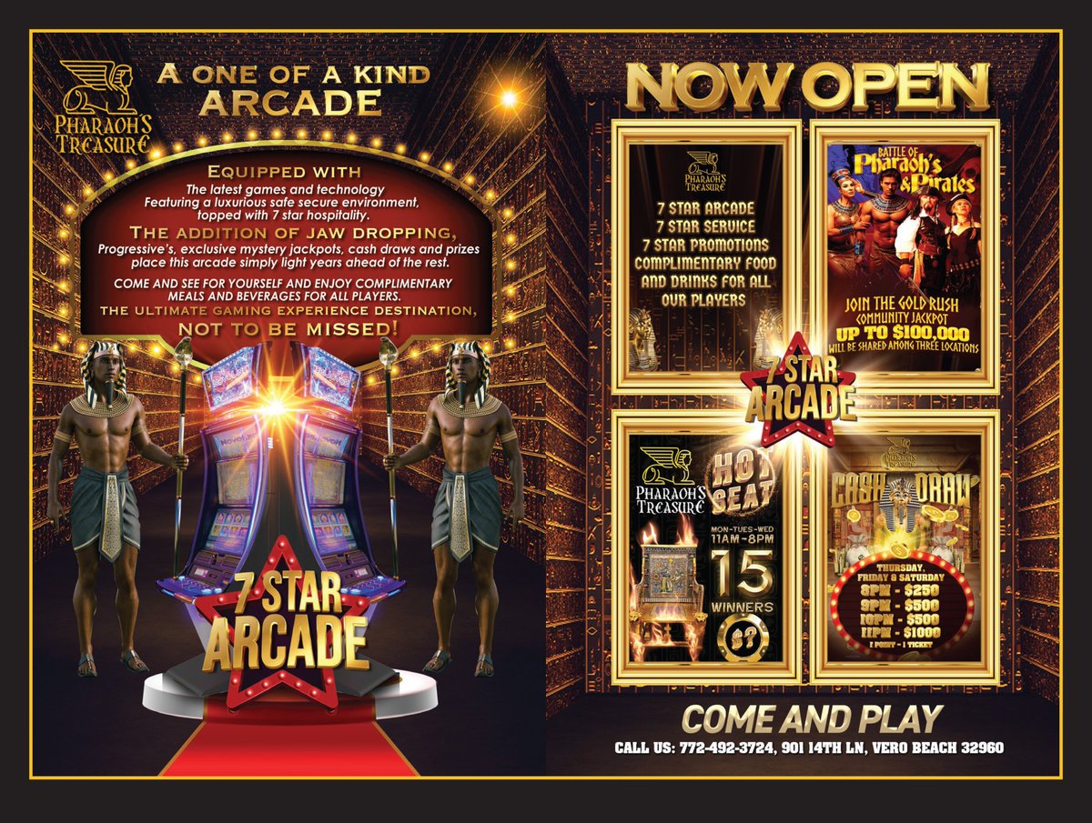 MyLivingMedia's tweet photo. Play at Pharaohβs Treasure for a chance to win $250-$1000 TONIGHT, plus enjoy FREE MEALS AND BEVERAGES π° π΅π
#Arcade #Gambling #Games #Jackpot #CashDraw #WinMoney #WinCash #Win #Prizes #GoldRush #CommunityJackpot #HotSeat #ThingsToDo #VeroBeachFL #IndianRiverCountyFL #Slots https://t.co/qXTB9V1XiT