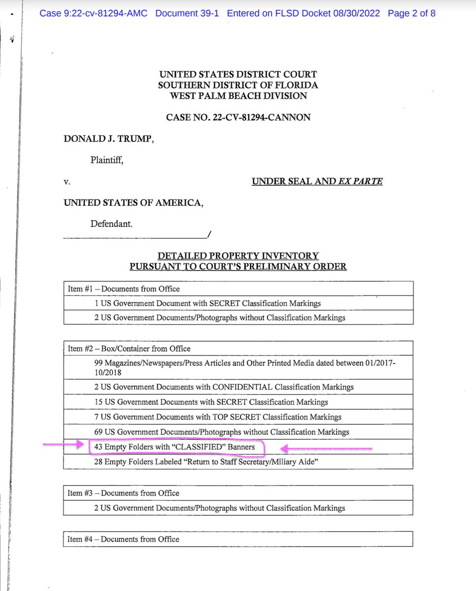 girlsreallyrule's tweet image. NEW: Court unseals detailed inventory of the Mar-a-Lago search showing Trump had 10,000 documents that he was not entitled to have, highly classified docs commingled with personal items, and 43 empty folders with classified banners but no materials inside. documentcloud.org/documents/2227…