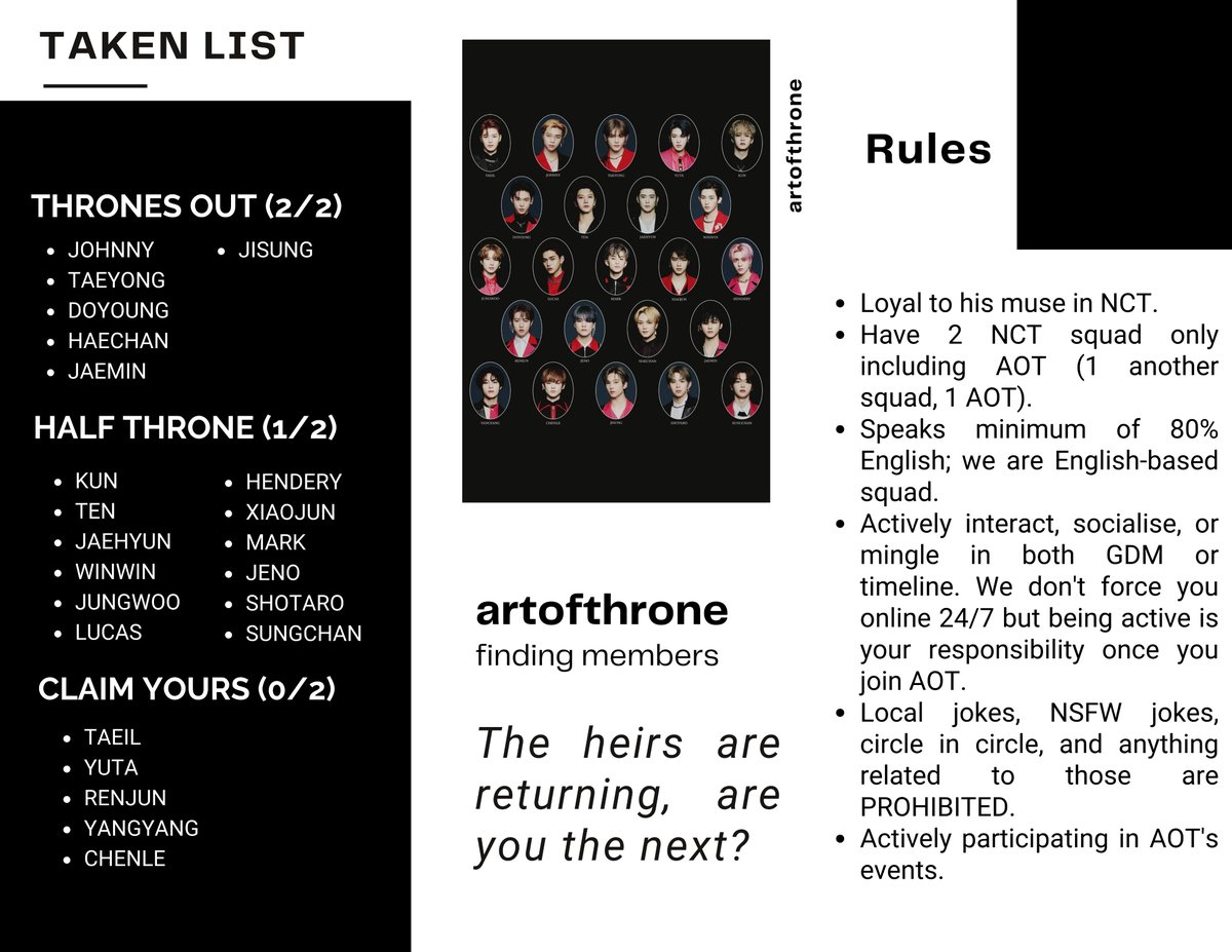 txtfromAOT's tweet photo. [HELP RETWEET]

"Claim your throne and return home with us."

AOT is looking for NCT members who don't mind having twins to join us.

If you're cool mingling with twins and interested to join the squad, kindly read check the pic below and apply by replying this tweet. See you! https://t.co/kYoz0WL7th