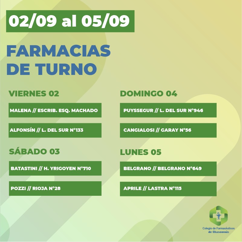 colfarchascomus's tweet photo. ⚠️TURNERO DEL FIN DE SEMANA
⚕ Farmacias de turno en Chascomús.
👉del 2 al 5 de septiembre (desde las 8.30 hasta las 8.30 del otro día)
.
.
.
.
.
.
.
#Farmacias #FarmaciasdeTurno #Turnero #Guardias #FarmaciasdeGuardia #Chascomús #medicamentosgenéricos https://t.co/VPVZjZS8fT