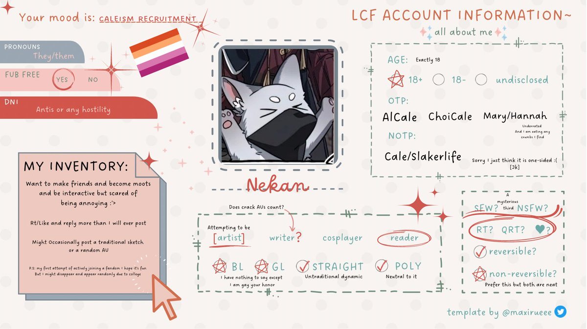 NekanSlacking's tweet photo. #lcfintro Hello! I am very new here 👉👈 let's be friends 

Hope I will be able to join and thanks @/maxirueee for the template https://t.co/X35l7mQcPd