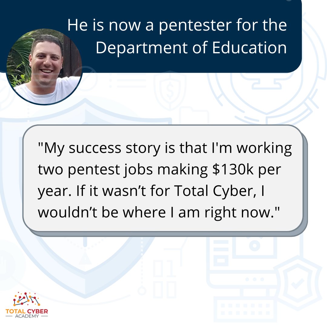 totalcyber's tweet photo. We talked to Dylan Carmichael, a former student of Total Cyber Academy. Here’s what he shared about his experience and where it has taken him in the past year. Read the full story on LinkedIn: https://t.co/IYhwcQv3us
#apprenticeship #penetester #skillbridge https://t.co/JeoLmq4Dnu
