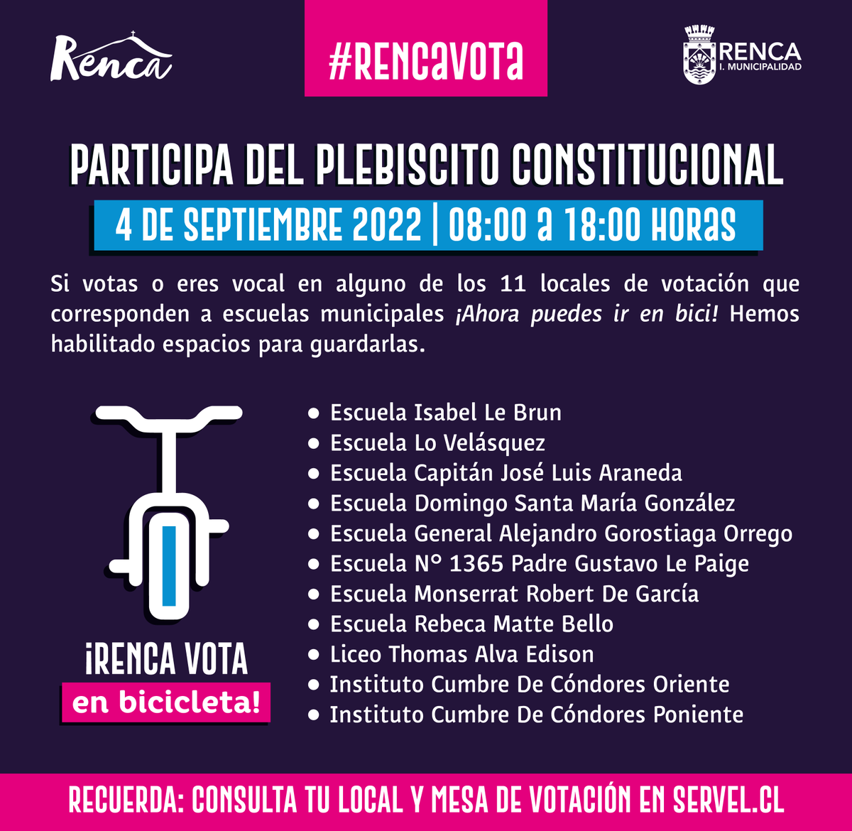 🗳 Si votas o eres vocal en el #PlebiscitoConstitucional ¡Puedes ir en bici! 🚴🏻‍♀️ Hemos habilitado espacios para guardarlas en 11 locales de votación que corresponden a escuelas municipales de #Renca. Conoce los puntos aquí 👇🏻