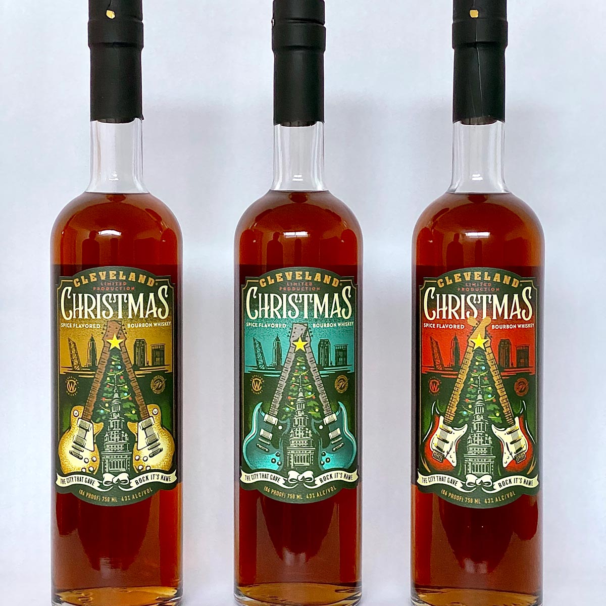 clevewhiskey's tweet photo. This year's Christmas Bourbon labels are here! S/O to @GVartwork for absolutely rockin' these, once again!🎸😍

Each bottle in the series has a different color and guitar style. Rock your Christmas with the complete set. More info regarding events and availability next week! https://t.co/KFaMU3Uyi0