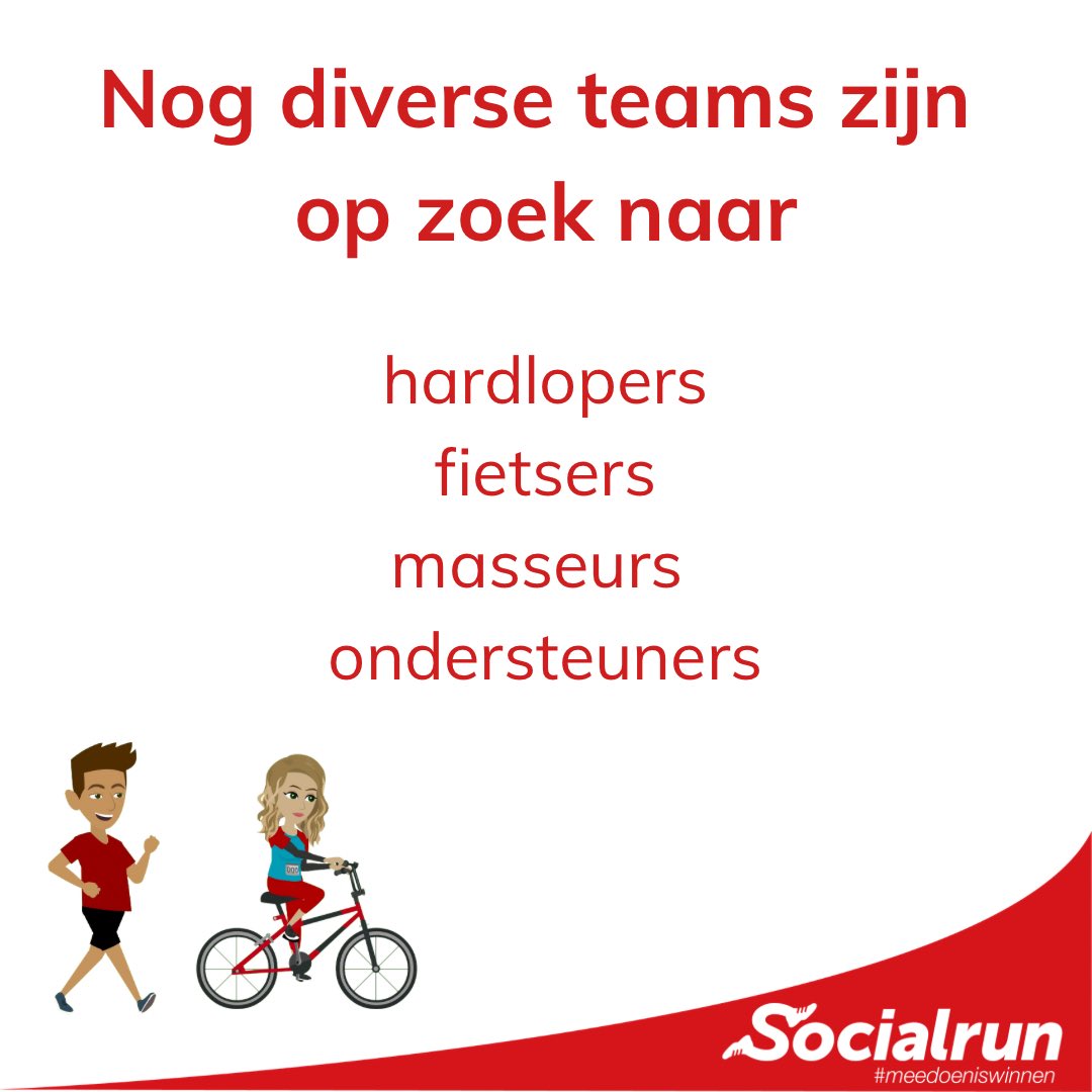Socialrun's tweet photo. 16-17-18 september doen 42 teams mee aan de jaarlijkse Socialrun en jij hebt de kans je aan te mogen sluiten!
Dat kan door te lopen, fietsen of ondersteunen. Laat hieronder weten dat je interesse hebt en ga je de ervaring van je leven tegemoet. #meedoeniswinnen https://t.co/gFyLHy5yoe
