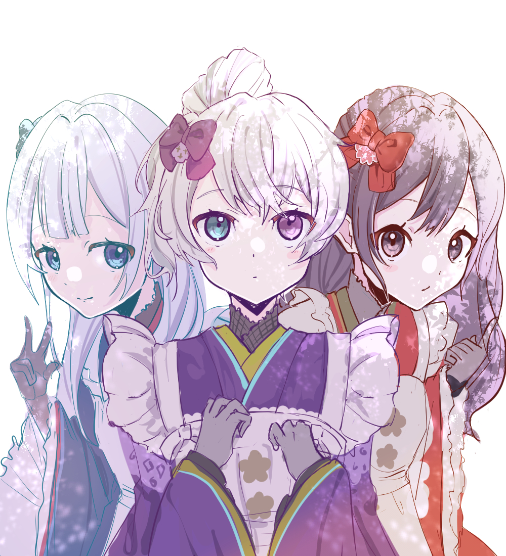 multiple girls 3girls heterochromia japanese clothes kimono gloves blue eyes  illustration images
