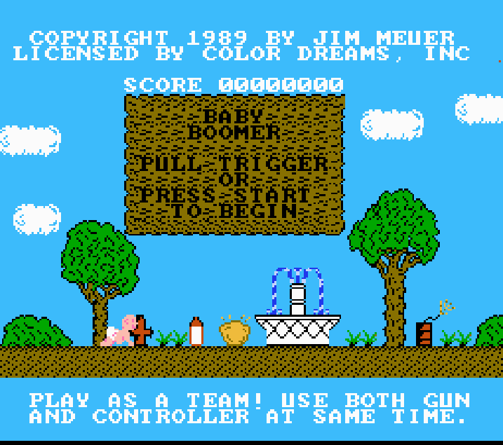 October6G's tweet photo. Playing #BabyBoomer [1989] for #NES/#Nintendo - #NESZapper AKA Light Gun required.  Boomer crawls through each level as you protect him blasting wild critters, DYNAMITE, ghouls &amp; more.
🔫
#gamers #gaming #gamer #gaymer #gaymers #Queergeeks #RetroGamer #LGBTQI #LGBTQ #80s #Retro https://t.co/qL2DEOvn0j