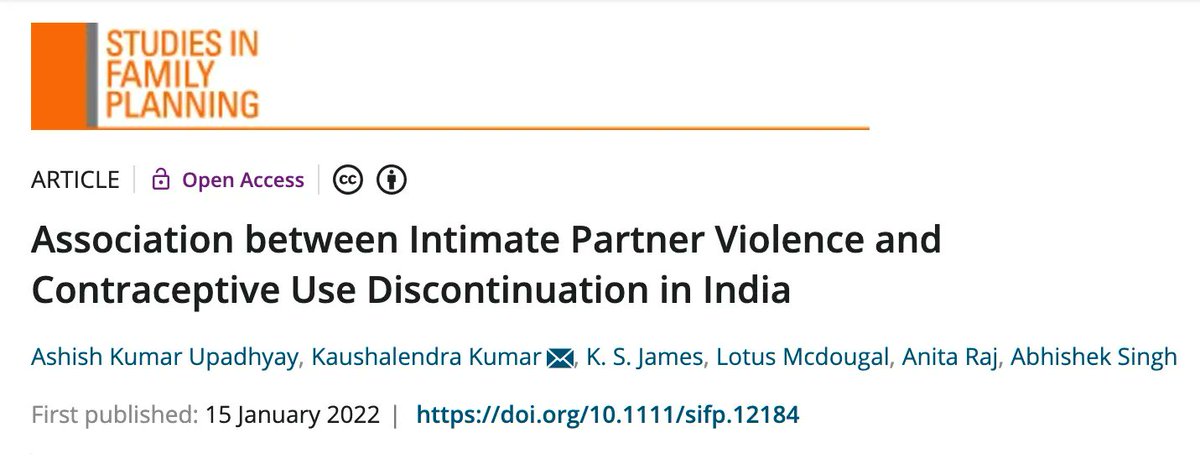 GEH_UCSD's tweet image. How do experiences of intimate partner violence influence contraceptive discontinuation while still in need? Check out new research from the #GENDERProject. @IIPSMumbai @YaminiYamina @AnitaRajUCSD
buff.ly/3Q9NiMD