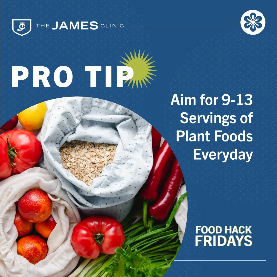 james_clinic's tweet photo. It's #FoodHackFriday! Did you know that we need about 9-13 servings of whole plant foods if we want to prevent chronic disease? A typical serving is only half a cup of cooked vegetables, one cup of raw leafy vegetable, or a medium-sized piece of fruit. https://t.co/KTxfLJ6k2h