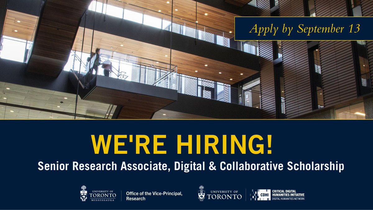 ✨ Join our team! The OVPR is seeking a Senior Research Associate to take a leadership role in managing the Collaborative Digital Research Space (CDRS) — a highly interdisciplinary research environment at #UTM.

• Apply by September 13. 
• Learn more at uoft.me/8eB.