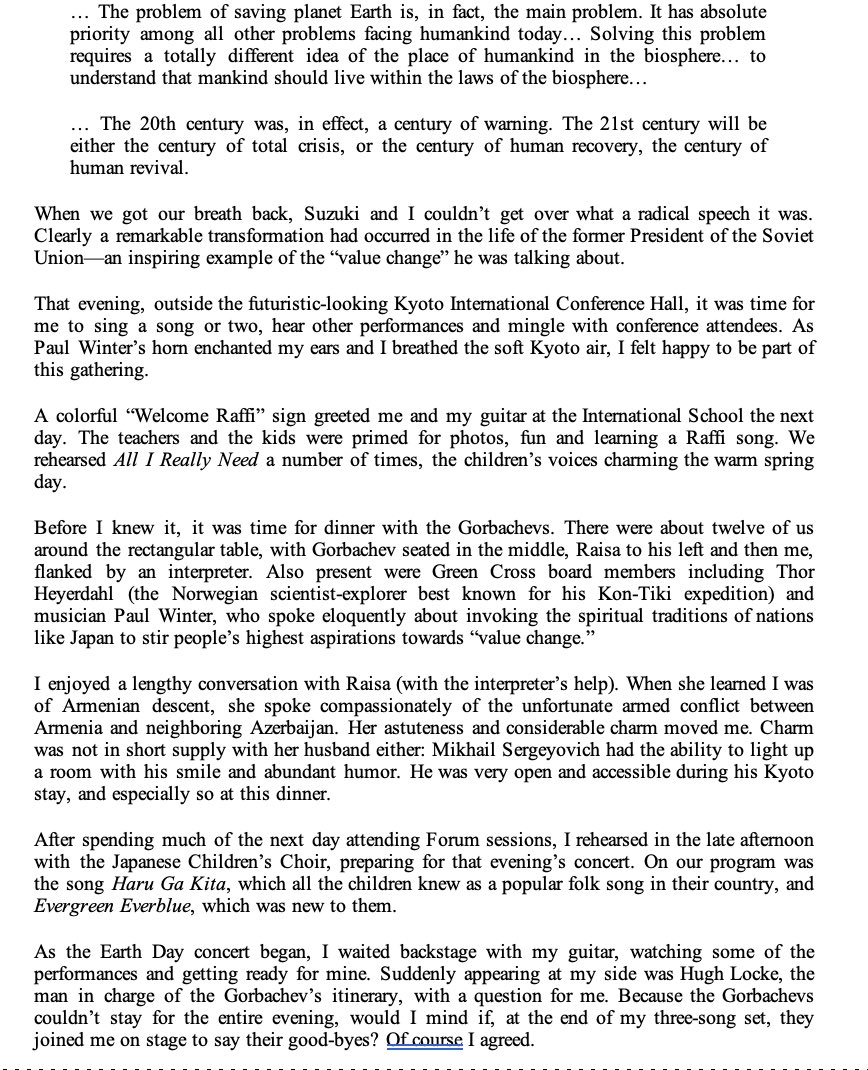 Raffi_RC's tweet photo. 🌟 this excerpt from my autobiography, The Life Of A Children’s Troubadour, is a tribute to Mikhail Gorbachev and an account of my good fortune to have met with him in 1993. his vision and humanity were profoundly inspiring. please read and RT. #RIPGorbachev https://t.co/jkZ4bBflnZ