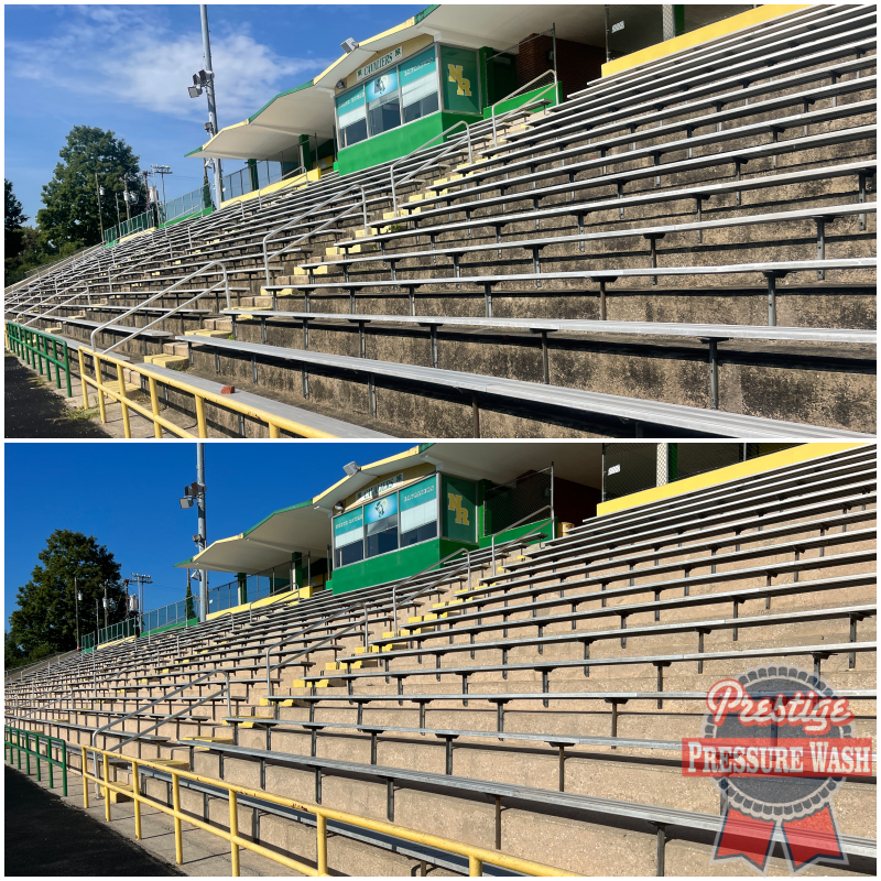 prestigepwing's tweet photo. 🏈 Go Cavs 🏈
1st home game of the 2022 season - and the first in NRHS history on PPW clean bleachers! #SalisburyNC #RowanCounty #CleanBleachers #CleanStadium #CleanConcrete #PressureWash #SoftWash #FootballField #NRHS #FreeOnsiteEstimate https://t.co/QlqiuDfQ6T