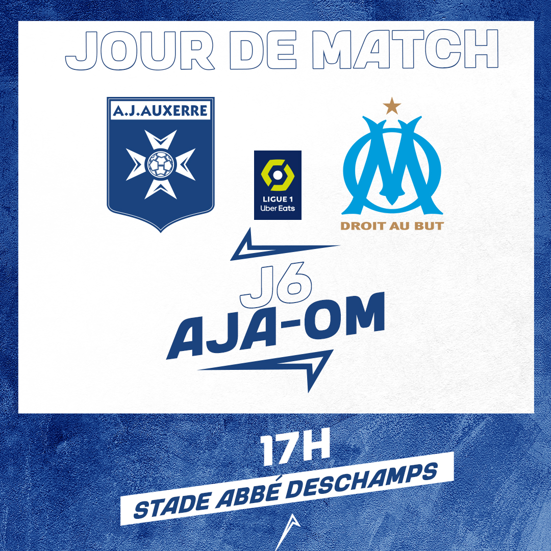 AJA's tweet photo. 🟦 #JOURDEMATCH ⬜️

⚽️ #TeamAJA 🆚 @OM_Officiel 
 
🏆 @Ligue1UberEats, J6
🏟️ Stade Abbé Deschamps
⌚️ 17h
📺 @PVSportFR

#⃣  #AJAOM https://t.co/x3215JegNF