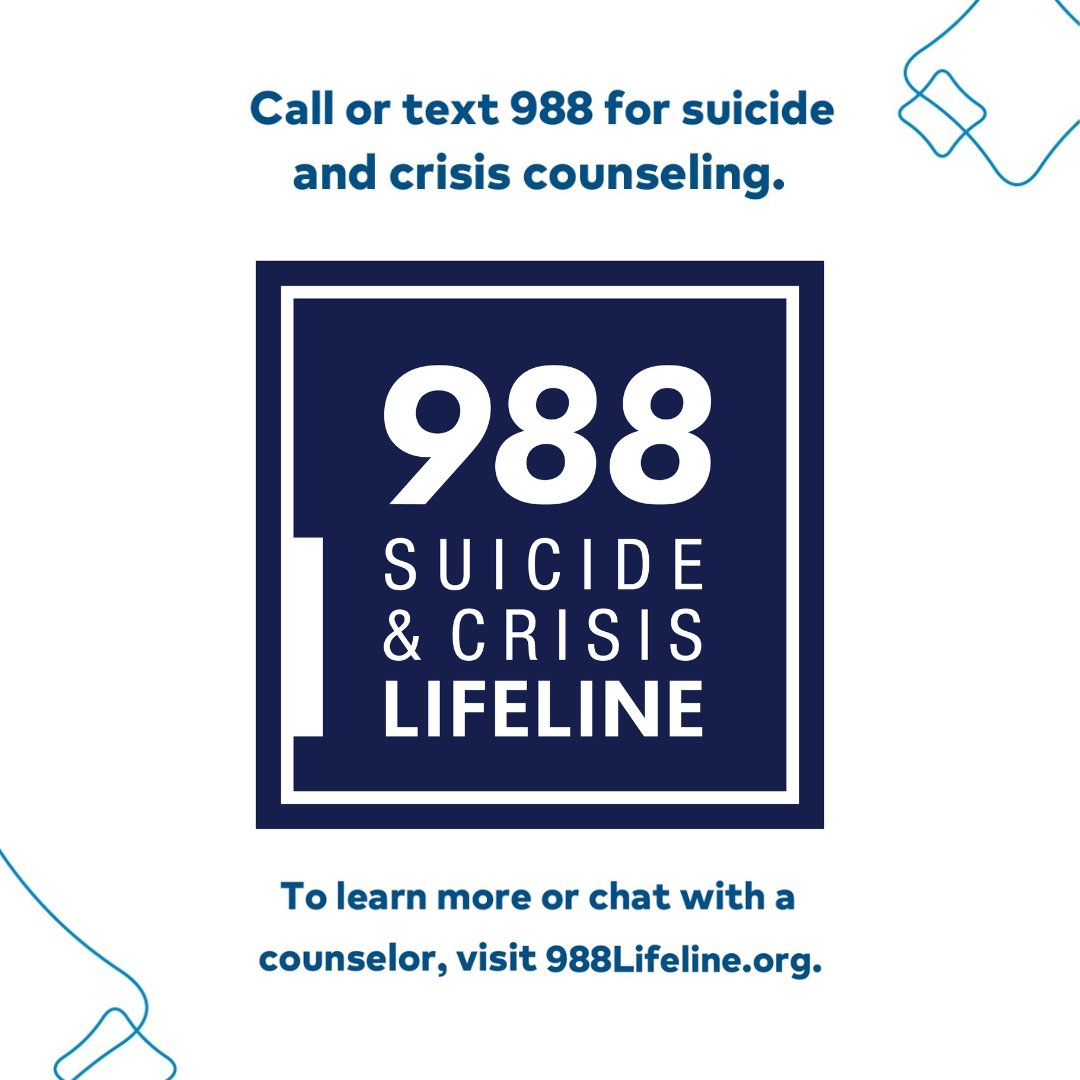 SkyRidgeMed's tweet photo. You are not alone. Help is here.
Free, confidential suicide and crisis counseling is available 24/7 by calling or texting 988. The 988 Suicide &amp; Crisis Lifeline also offers a live chat feature on their site: https://t.co/vsc2hks4Pa

#SuicidePreventionMonth #MentalHealthAwareness https://t.co/Rq8vdBMZ8M