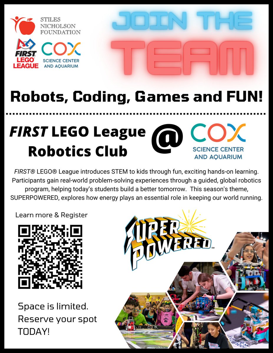 Looking to learn more about FIRST LEGO League? Join the @CoxScience Center FIRST LEGO League Robotics Club. Space is limited! Register TODAY! coxsciencecenter.org/event/first-le…