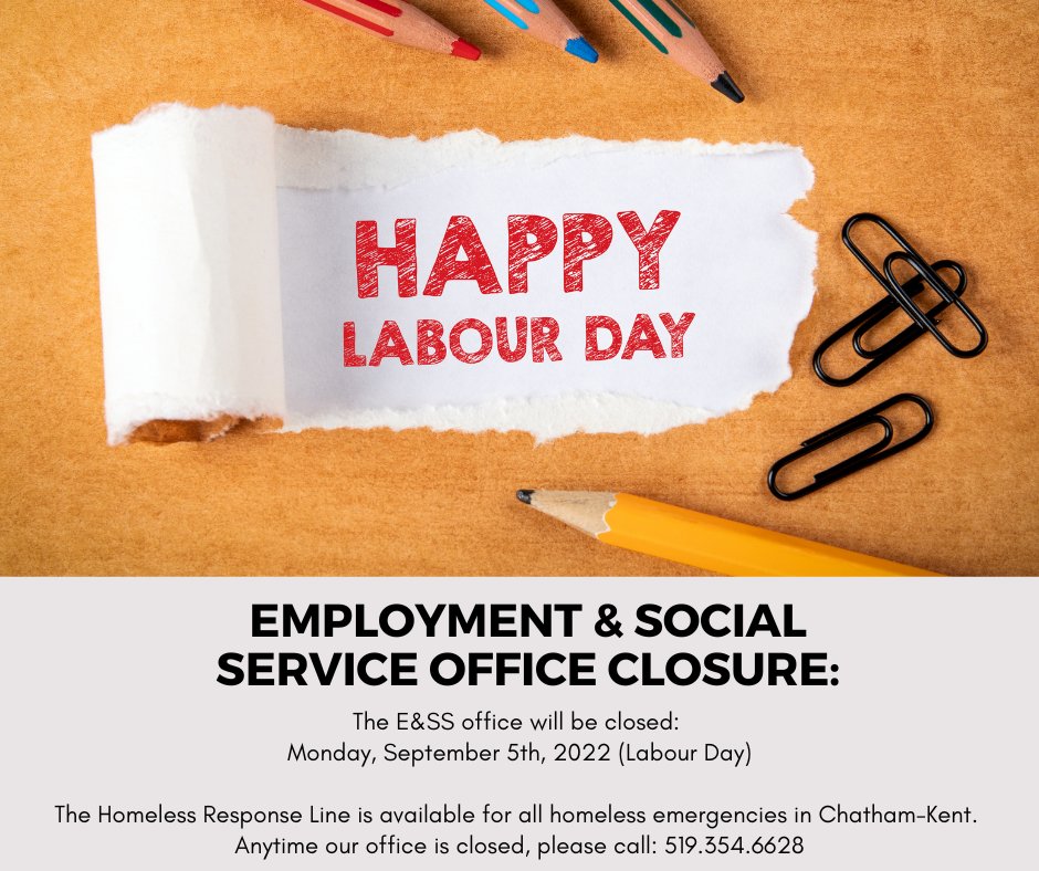 CKEandSS's tweet photo. ESS will be closed Monday, September 5, 2022 (Labour Day). Our offices will reopen on Tuesday, September 6, 2022.

Any time our office is closed, the Homeless Response Line is available for all homeless emergencies within CK.
Please call HRL at 519.354.6628 for assistance https://t.co/yNV0DTt4Dn