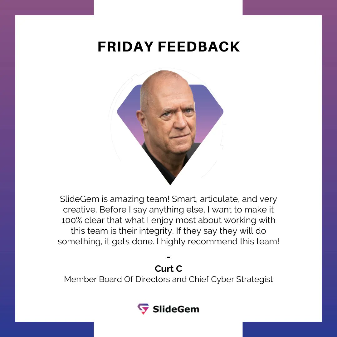 SlideGem's tweet image. See what people say about us!
Contact us today:
📨 Email: Hi@slidegem.com
📲 WhatsApp: +92 3096 302626
.
.
. 
#FridayFeedback #SlideDesigner #ProPresentationDesigner
#testimonial #Powerpoint #designthinking #visualdesign