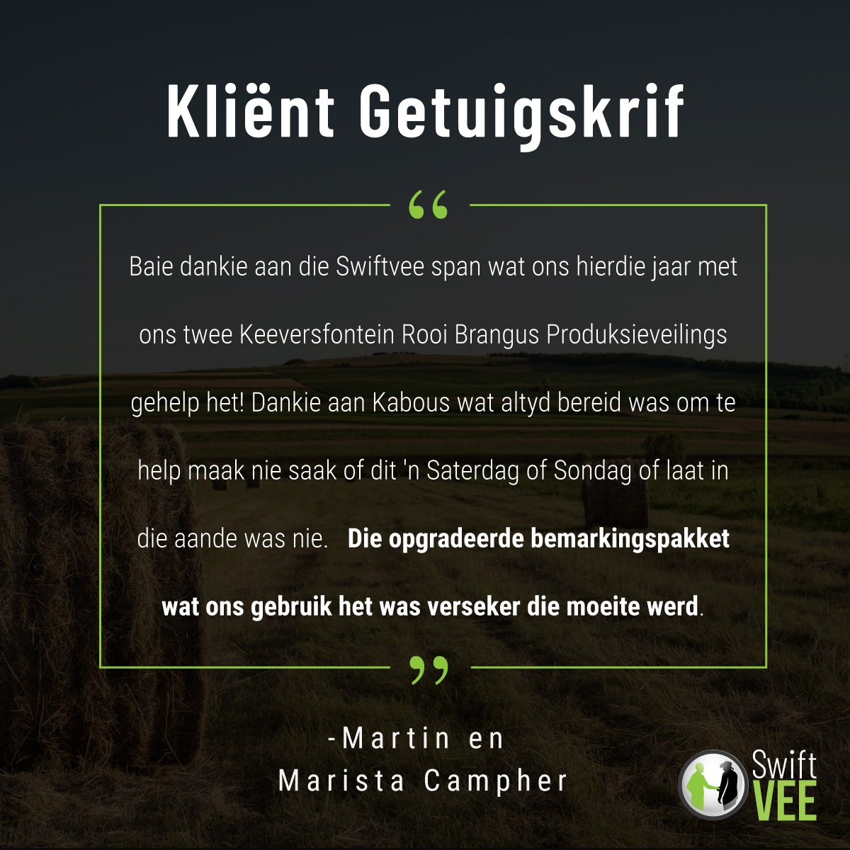 TeamSwiftVEE's tweet image. ⭐GETUIGSKRIF⭐

Dit was vir ons &apos;n voorreg om vanjaar die twee Keeversfontein Rooi Brangus Produksieveilings aanlyn op ons platform aan te bied. Ons is ook baie bly dat die opgradeerde bemarkingspakket julle gehelp het.

Op nog vele meer! 😀

#Swiftvee #digitalmarketing