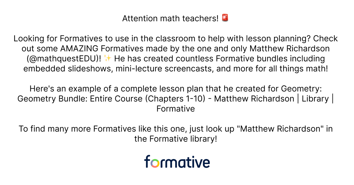 goformative's tweet photo. Attention math teachers!
Today we are highlighting some of @mathquestEDU's amazing work!
#formativefriday #formative #education #formativelibrary #teacher https://t.co/lYcFp3XcK4