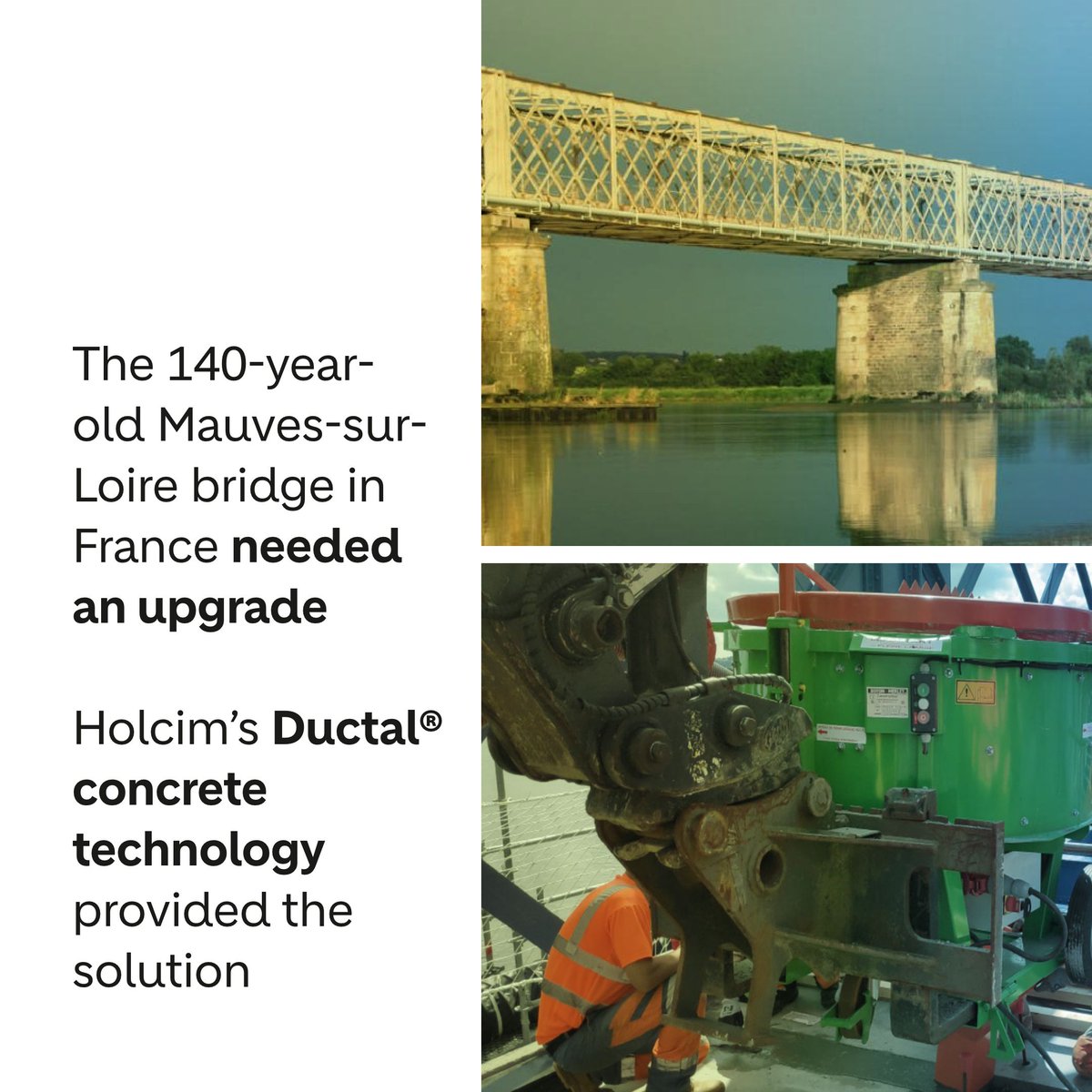 Holcim's tweet photo. 🌉 Here’s how Ductal® concrete technology allowed France’s Mauves-sur-Loire bridge to take on greater capacity while using less material: https://t.co/uAXOdxzhDG
#BuildingProgress #Sustainability #Innovation #BuildingGreener #BuildingSmarter #BuildingForAll https://t.co/056hBR46tQ