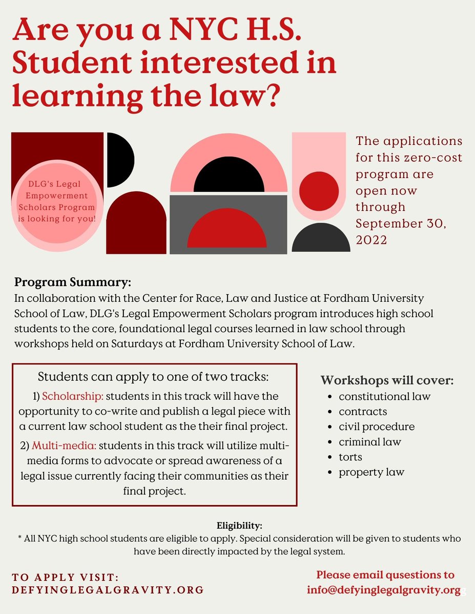 Hi #lawtwitter I would love if you all could help us spread the word on an amazing new zero-cost program we’ve started for H.S students in NYC in collaboration with the Center for Race, Law and Justice at Fordham University School of Law that teaches the foundational 1L courses.