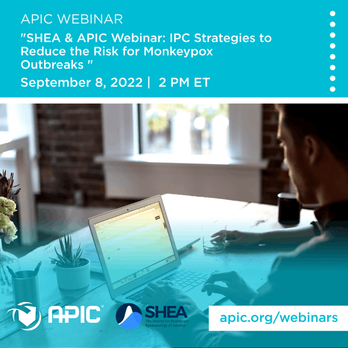 SHEA_Epi's tweet photo. Join SHEA and @APIC for a webinar on 9/8 @ 2 PM ET. Join our speakers: Jill Holdsworth + Supriya Narasimhan as they discuss #monkeypox and strategies to combat the newest infectious disease.
Register now: https://t.co/Vs53Bu2CPT https://t.co/2zZLIL4O9F