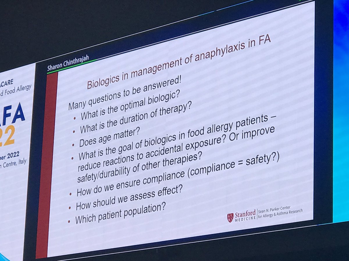 KateKhaleva's tweet photo. #GAFA Sharon Chinthrajah: questions to be answered about the role and place of #biologics in management of #anaphylaxis in food #allergy @GA2LEN_ANACARE https://t.co/Y9ygXqPBBU