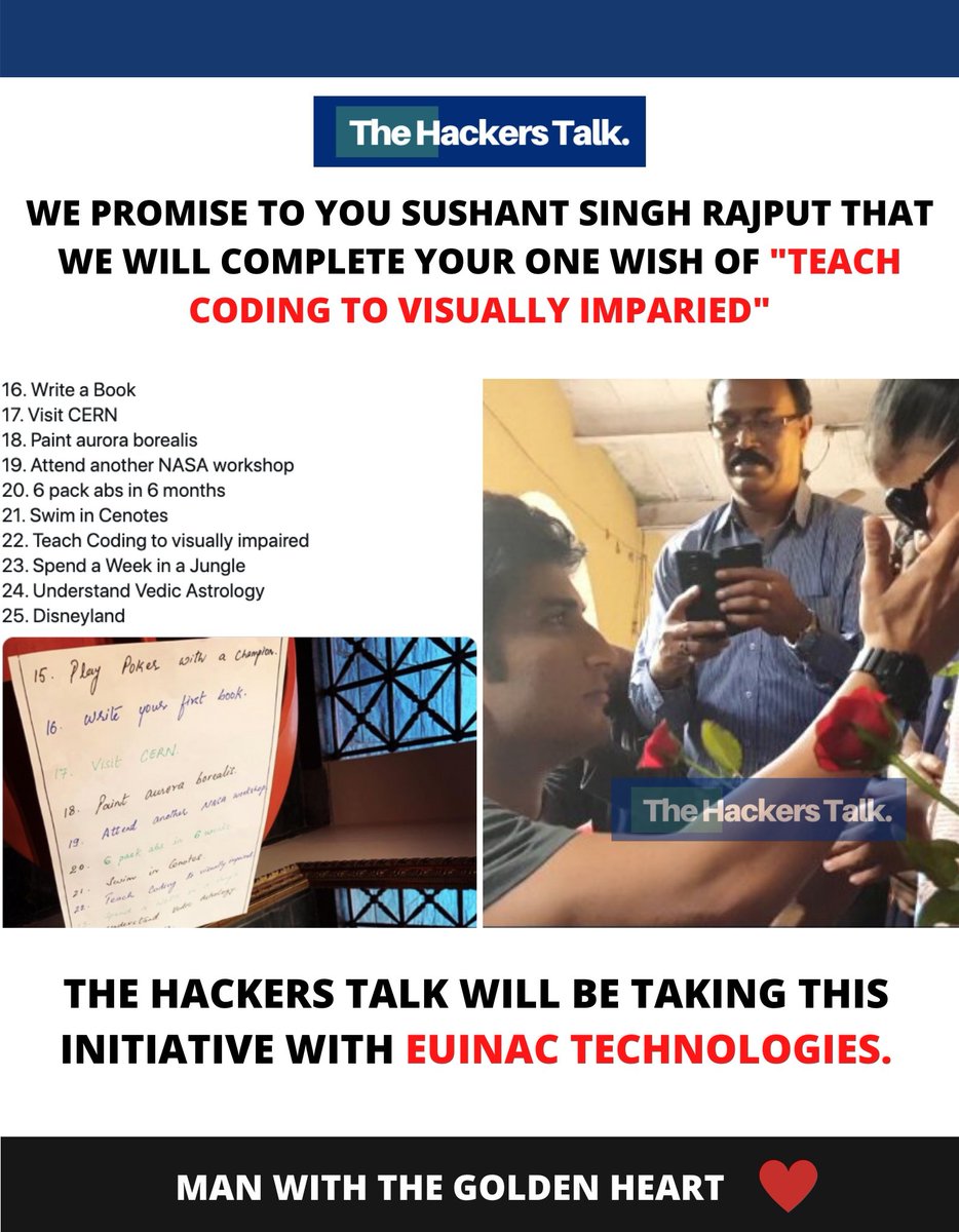 Yasmin2186's tweet photo. ❤️ Sushant Had BestOf Intentions
&amp; Humble Heart,wnted 2 improve lives of ppl thru technology, healthcare &amp;science.
❤️Provide free education 2 children.
❤️Women empowerment
❤️Teach coding 2 visually impaired
❤️Prepare students 4 Indian Defense Forces.
❤️Teach self defence 2 Women. https://t.co/JV5ZmatdWK