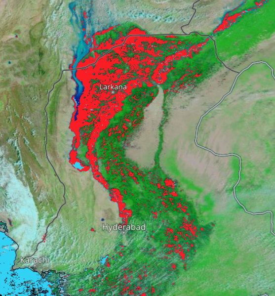 NASAEarthData's tweet photo. NASA's MODIS global flood product provides critical data for detecting and assessing the extent of floods around the globe as they occur. Significant flooding in Pakistan (in red) has been detected since August 27 (Aug 31 shown here). 

Flood data info: https://t.co/4el1NY2jkI https://t.co/pd6wlB2zos