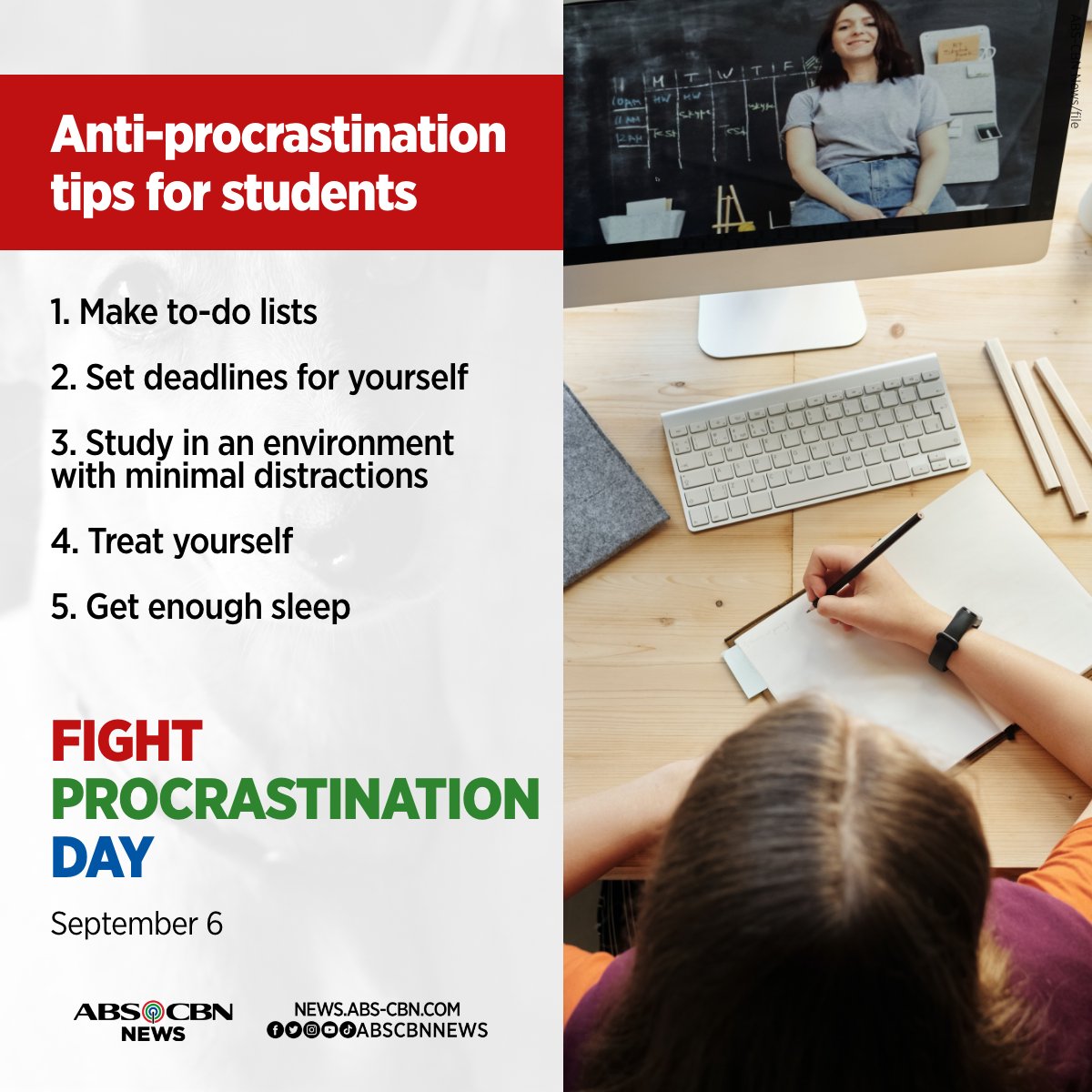 ABSCBNNews's tweet photo. Sa pagbabalik ng in-person classes, hindi maiiwasan ang pagdami ng backlogs ng mga estudyante dahil maaaring nag-a-adjust pa sila o hindi pa 100% ang energy sa pag-aaral. 

Ngayong Fight Procrastination Day, alamin ang tips kung paano maiiwasan ang tinatawag na 'procrastination.' https://t.co/2loeBNS7Xo