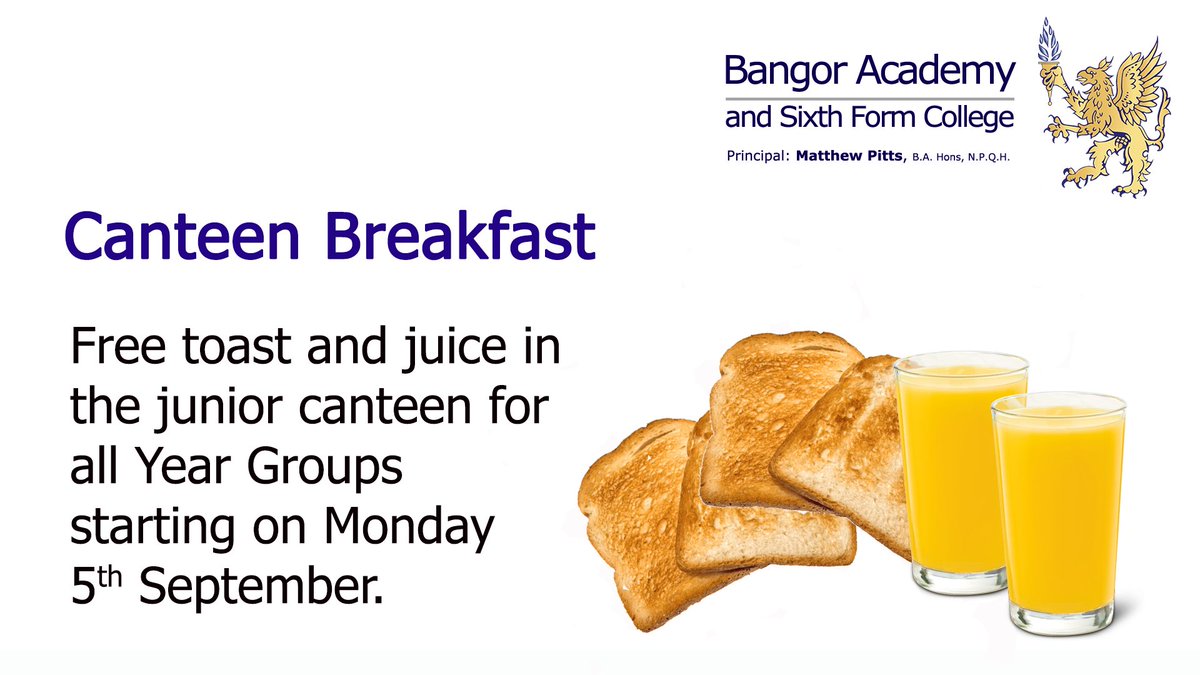 Free toast and juice in the junior canteen for all Year Groups starting on Monday 5th September.  &gt;&gt;&gt; bit.ly/3wQA68j