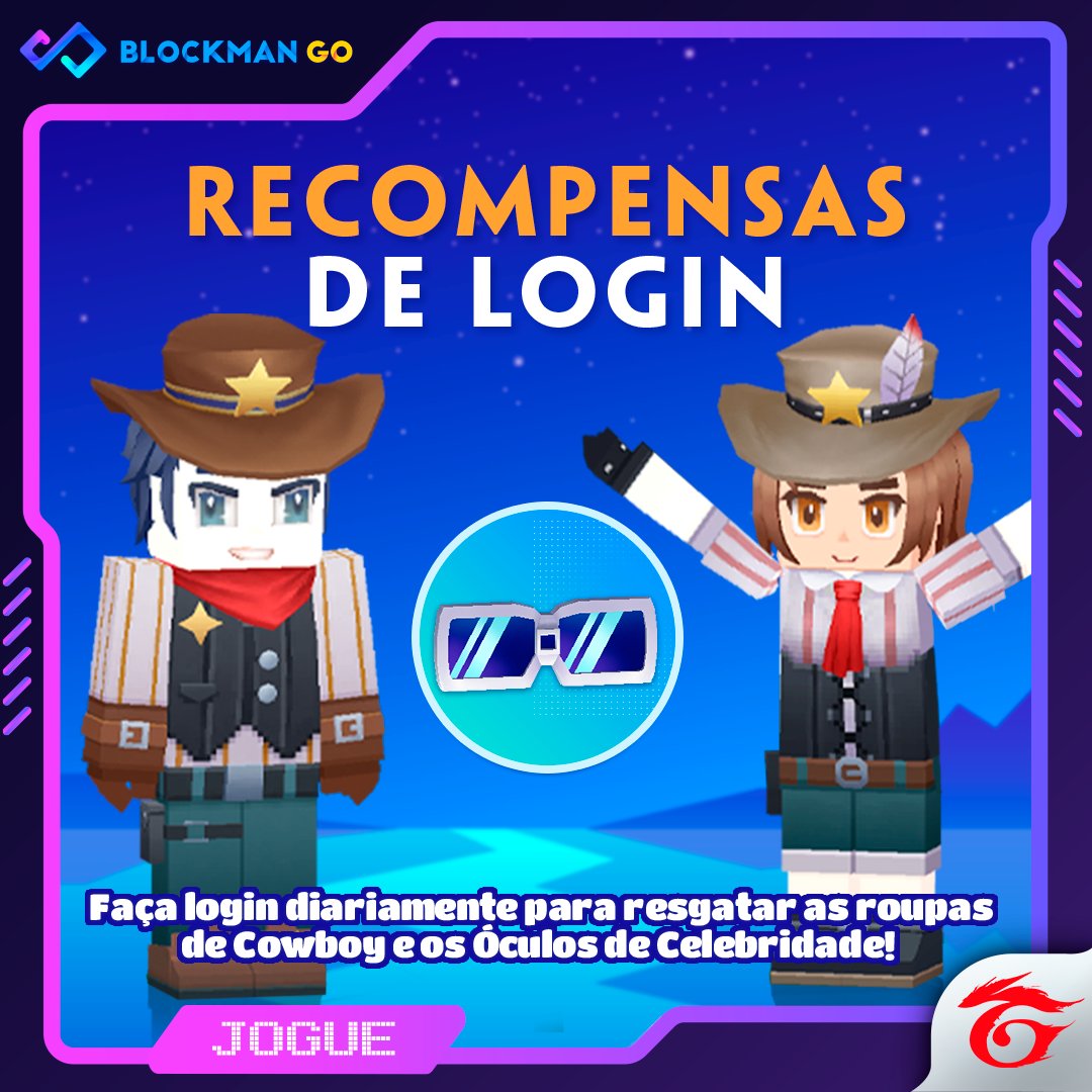 BlockmanGOBR's tweet photo. E vamos de evento?😉
 
Faça login todos os dias para conseguir o teste da skin de Cowboy e os Óculos de Celebridade permanentemente!🤠😎
 
Quem aí tá afim de garantir esses óculos belíssimos?✋ https://t.co/PP7YUgkJtD