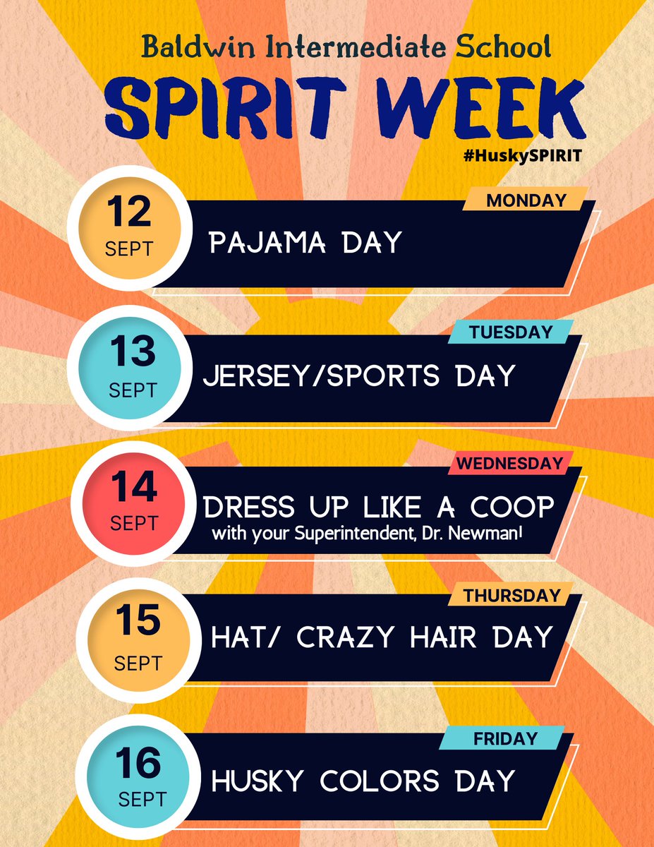 BISHuskyPride's tweet photo. First SPIRIT WEEK of the year! Check out Wednesday’s Spirit Day! 🌟 We EXCEEDED our fundraiser goal &amp; still have a week left of sales! As promised, our awesome Superintendent, Dr. Newman, will dress up as a COOP chosen by our Huskies!  #HuskySPIRIT #bestSUPERintendentEVER https://t.co/Rhl3Wb9Z84