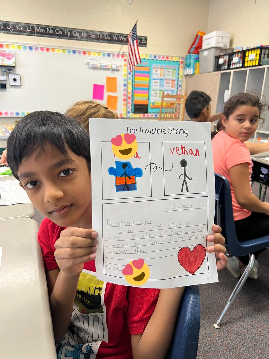 2ndWithWeinbach's tweet photo. Today we read The Invisible String by Patrice Karst and learned how we are never alone, even when we are away from those we love. We are all connected by an invisible string! We decided to write letters to the people we feel connected ❤️ #invisiblestring #adventuresin2ndgrade https://t.co/UQDG20sz2y