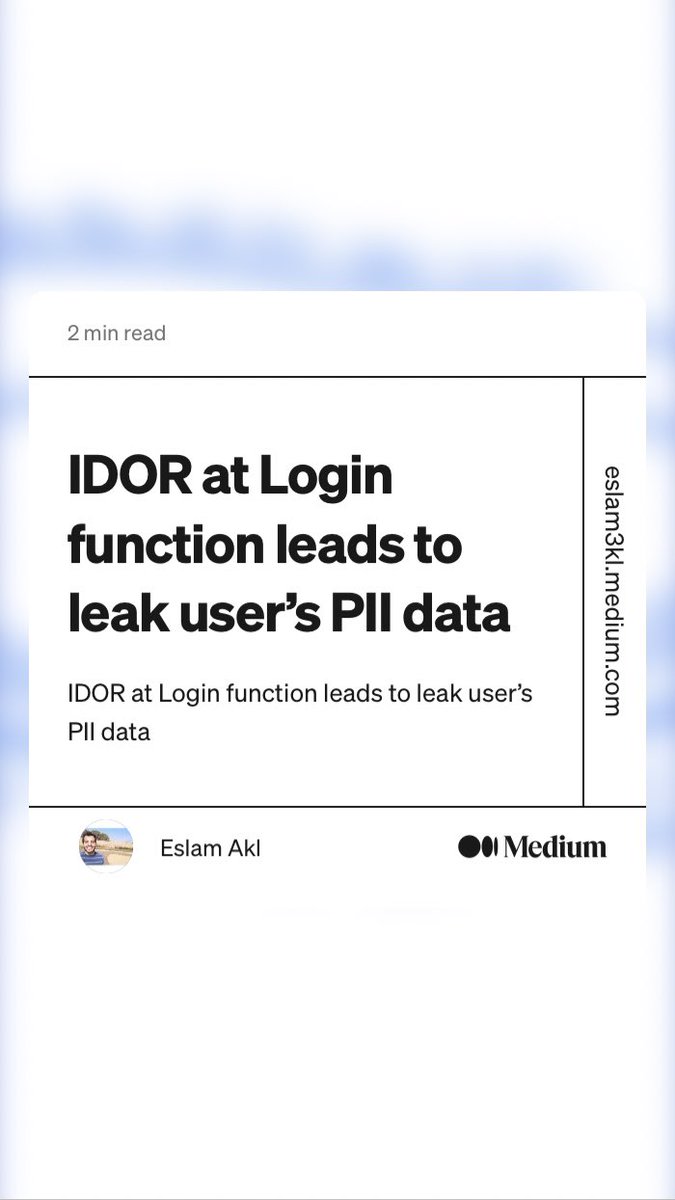 Mah3Sec's tweet photo. “IDOR at Login function leads to leak user’s PII data” by Eslam Akl
https://t.co/9uX5aSomjQ #bugbountytips #bugbounty #bugbountywriteup #cybersecurity #Pentesting #hacker #PII #IDOR https://t.co/5INyBt8EV0