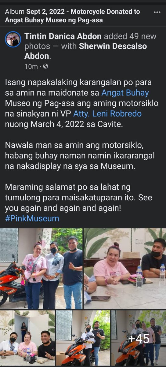kristine_danica's tweet photo. Isang napakalaking karangalan po para sa amin na maidonate sa @angatbuhay_ph Museo ng Pag-asa ang aming motorsiklo na sinakyan ni VP @lenirobredo nuong March 4, 2022 sa Cavite.

Nawala man sa amin ang motorsiklo, habang buhay nman nmin ikararangal na nakadisplay na sya sa Museum. https://t.co/dEe8hiobEj
