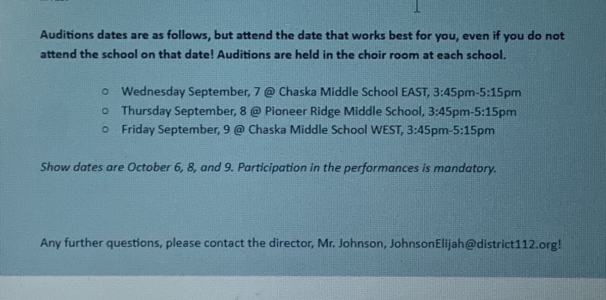 112MSmusical's tweet photo. AUDITIONS NEXT WEEK for the 6th Grade Musical!! https://t.co/tnQ8GBCVQB