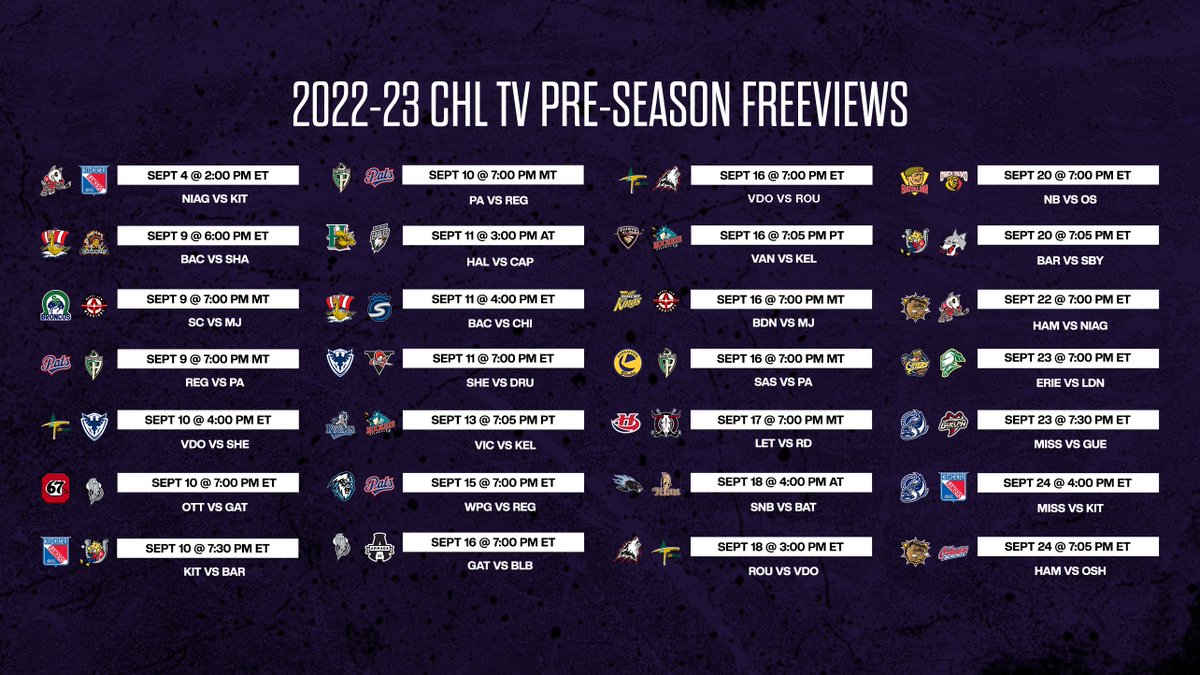 CHLHockey's tweet photo. We’ve got a great lineup of Freeviews this month! Catch pre-season action, live on CHL TV! ⬇️

Be sure to download our new &amp; improved CHL App to stream all CHL TV games this season. 

🗞️ https://t.co/bcg1XVhOXd

@TheWHL | @OHLHockey | @QMJHL https://t.co/faoOdkgxow