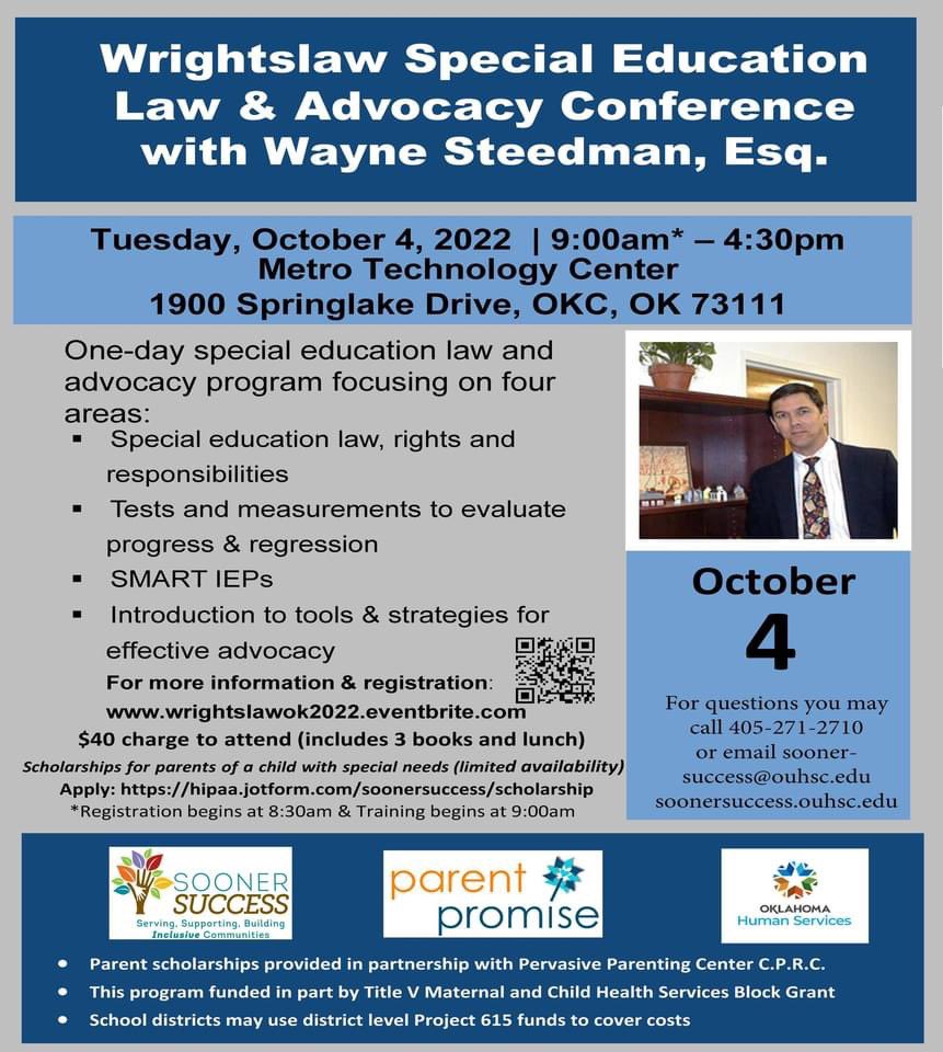 SoonerSUCCESS's tweet photo. Sooner SUCCESS is partnering with Parent Promise to bring Wrightslaw back to OKC!!! October 4, 2022
*Registration begins at 8:30am &amp; Training begins at 9:00am.
Register at this link: https://t.co/3KFEDMb8SC
Registro español en este enlace:  https://t.co/HnA2WEKgAV https://t.co/tpNckcPEly