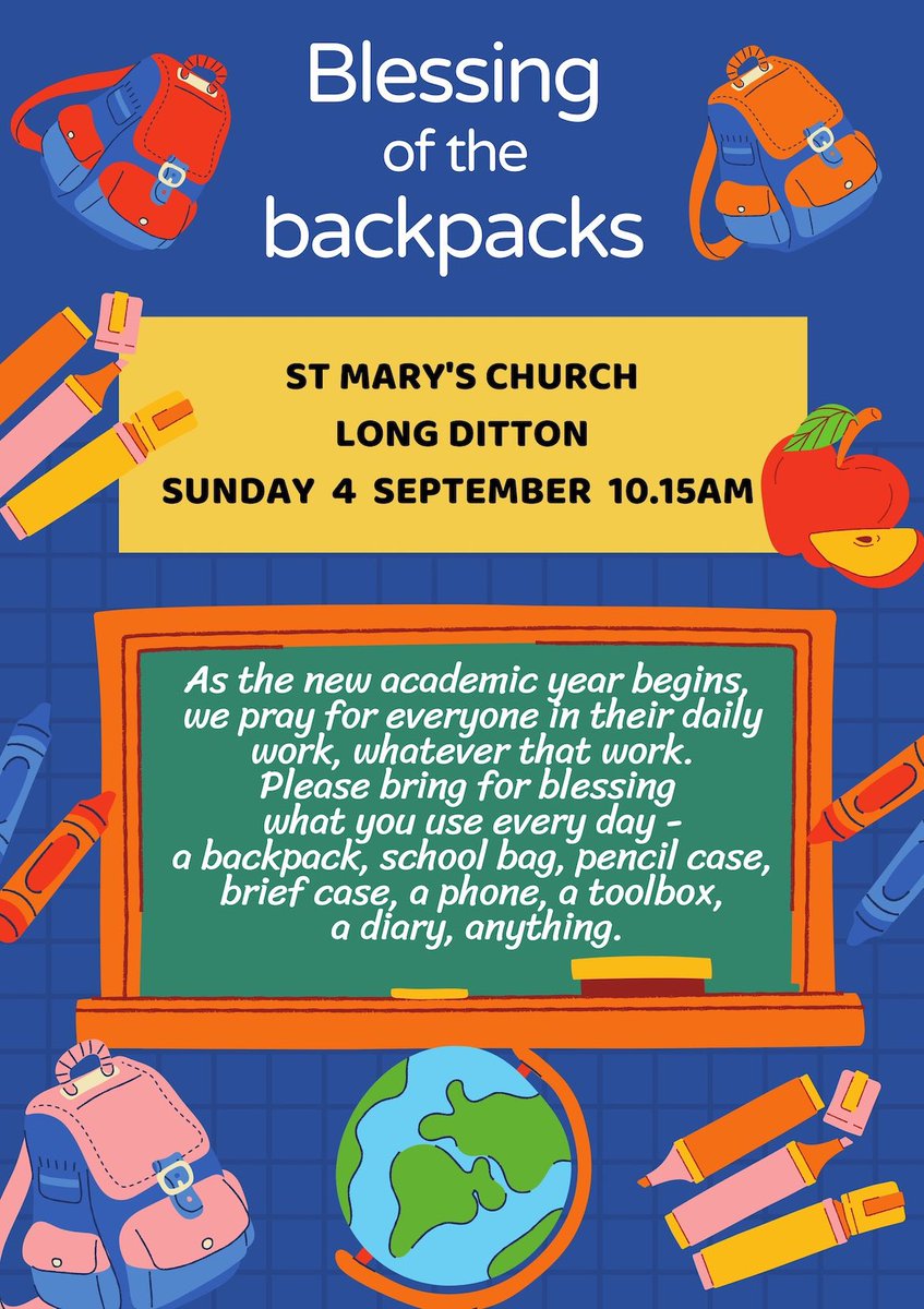 StMarysLD's tweet photo. St Mary's Long Ditton Church is looking forward to its special service this Sunday at 10.15am for blessing the back-to-school backpacks for the term ahead. Everyone is warmly welcome. https://t.co/I2DIKjvIXl