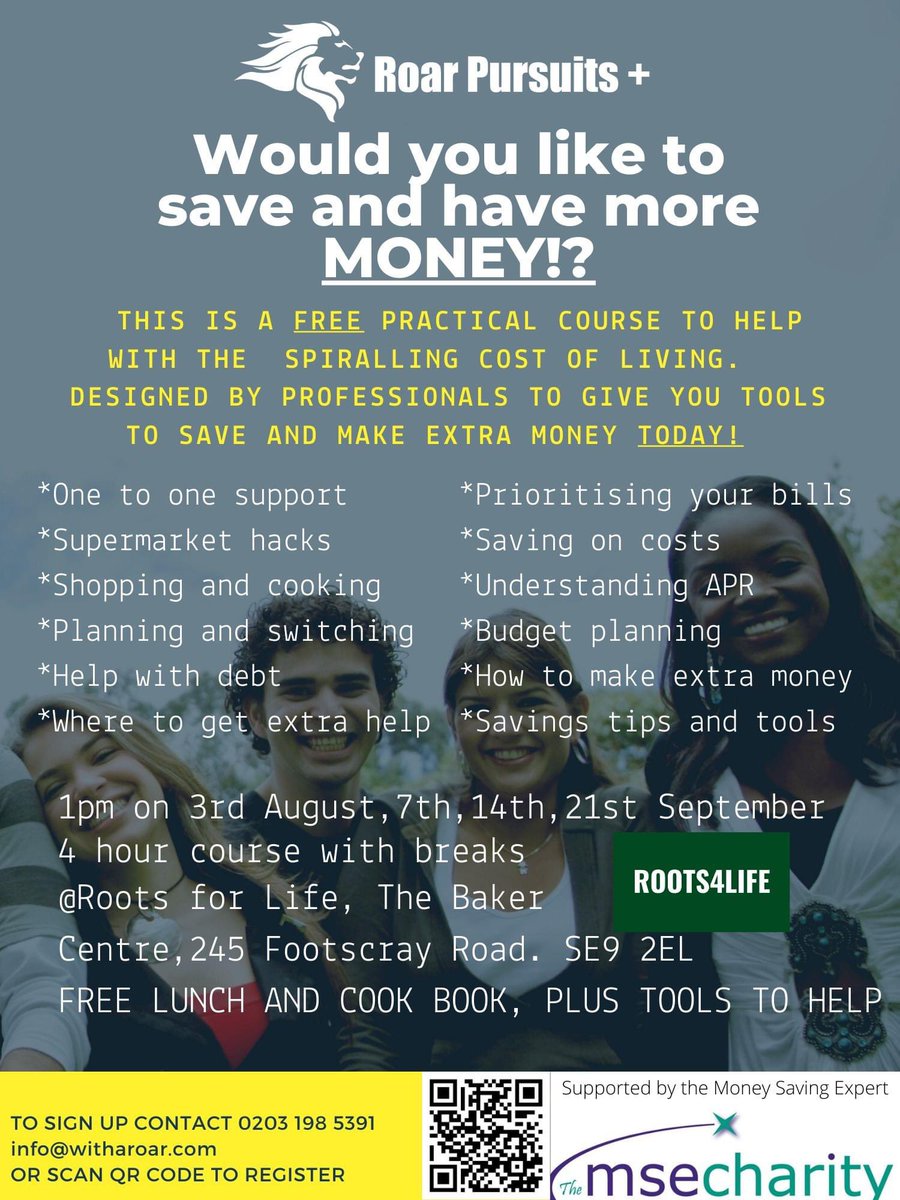 Money saving and making - next session the 7th of September. Starting from 1pm till around 4pm. Sponsored by MoneySavingExpert.com in #Greenwich Free lunch + lots of helpful tips to save you £100's.
The Baxter Centre, 245 Footscray Road, SE9 3SL
witharoar.com/roar-referral join us!