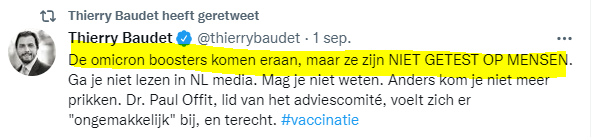 Ongelooflijk wat maakt die <a href="/thierrybaudet/">Thierry Baudet</a> er een potje van. 😳
Eén kolkende rivier van coronabullshit, al dagenlang.

Hier. 👇

'Boosters niet getest op mensen?'
Onzin. Op 750 mensen getest. 

Baudet heeft het over de *Amerikaanse* omikronbooster...