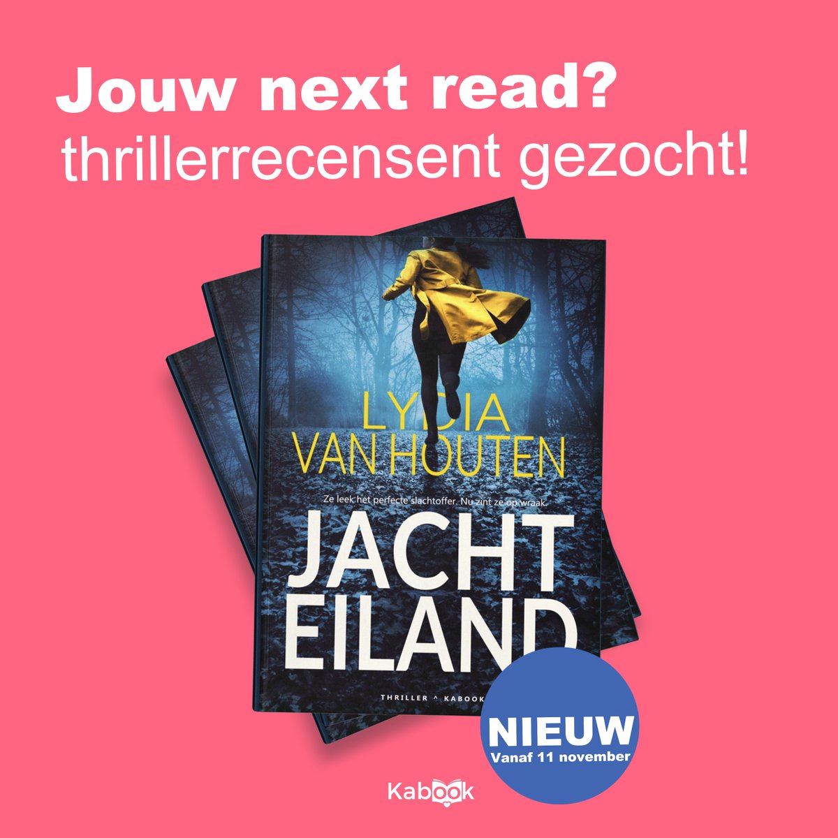 Kabookuitgevers's tweet photo. Kan jij geen genoeg krijgen van thrillers? Haal je energie uit schrijven en delen van recensies? We zijn op zoek naar thrillerrecensenten voor JACHTEILAND van auteur Lydia van Houten: https://t.co/ZwNazgCDPM https://t.co/L3hT6O1LVp
