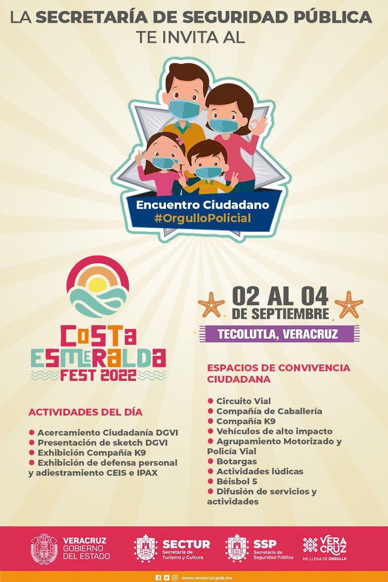 HGutierrez_M's tweet photo. Asiste a partir de hoy y hasta el domingo 4 de septiembre en el "Encuentro Ciudadano: #OrgulloPolicial”, en el marco del  #CostaEsmeraldaFest 2022, estaremos ubicados sobre carretera Poza Rica - Nautla Km. 85, municipio de Tecolutla. https://t.co/e7nUdi8S3A