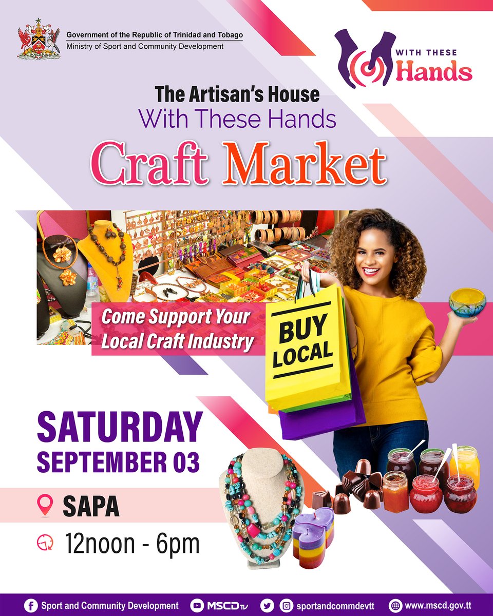 SportCommTT's tweet photo. MSCD says the place to be this Saturday (Sept 3) is at SAPA from 12 noon to 6: 00 pm – for the Artisan’s House Craft Market.
Come experience a wide variety of crafts from some of T&T’s leading artisans. You won’t want to miss this!
#buylocal #mscd #shoplocal #supportlocal https://t.co/iuqPjuIi0J