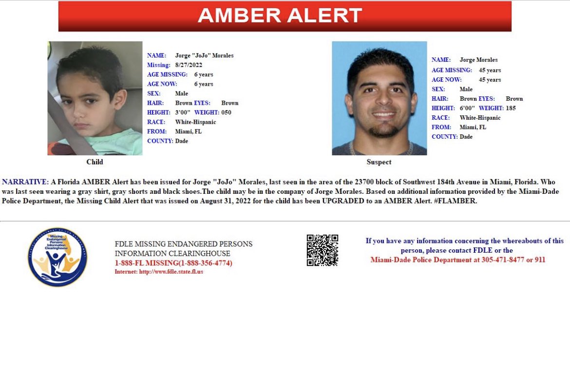 RT: Florida AMBER Alert has been issued for Jorge "JoJo" Morales, last seen in the area of the 23700 block of Southwest 184th Avenue in Miami, Florida. Last seen wearing a gray shirt, gray shorts and black shoes. The child may be in the company of Jorge Morales. #FLAMBER