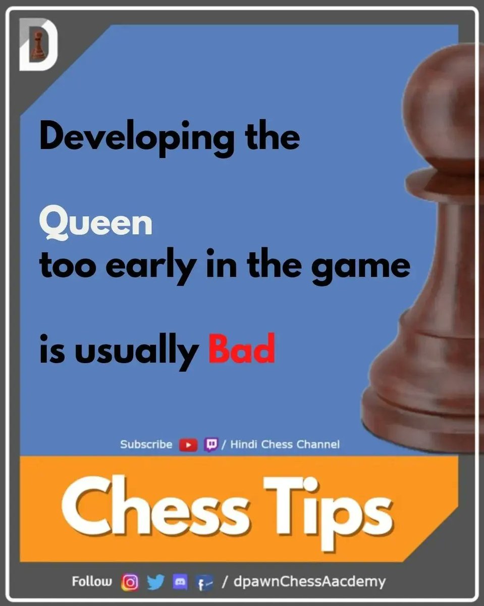 dpawnchess's tweet photo. Chess Tips😎 | ⏩Swipe
IQP and Development of Queen.
Follow for more !
#iqp #isolatedqueenpawn #queen #chessqueen #development #chessdevelopment #chessTips #tips #chess
@pawandodeja @HindiChess https://t.co/BdR9AfZPCW