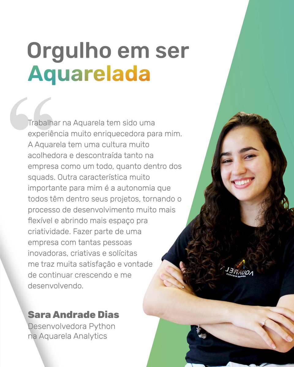 aquare_la's tweet image. A Sara, nossa Desenvolvedora Python, faz parte do nosso time aquarelado, que é multidisciplinar, inovador e que ama desafios; e ela tem muito orgulho de fazer parte dessa super equipe!
#orgulhoaquarelado #cienciadedados #devpython #datascience #aquarelanalytics